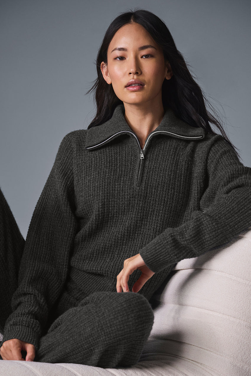 Cashmere Plush Waffle 1/4 Zip Pullover - Black