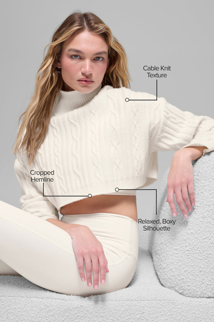 Cable Knit Cropped Winter Bliss Turtleneck Long Sleeve - Ivory
