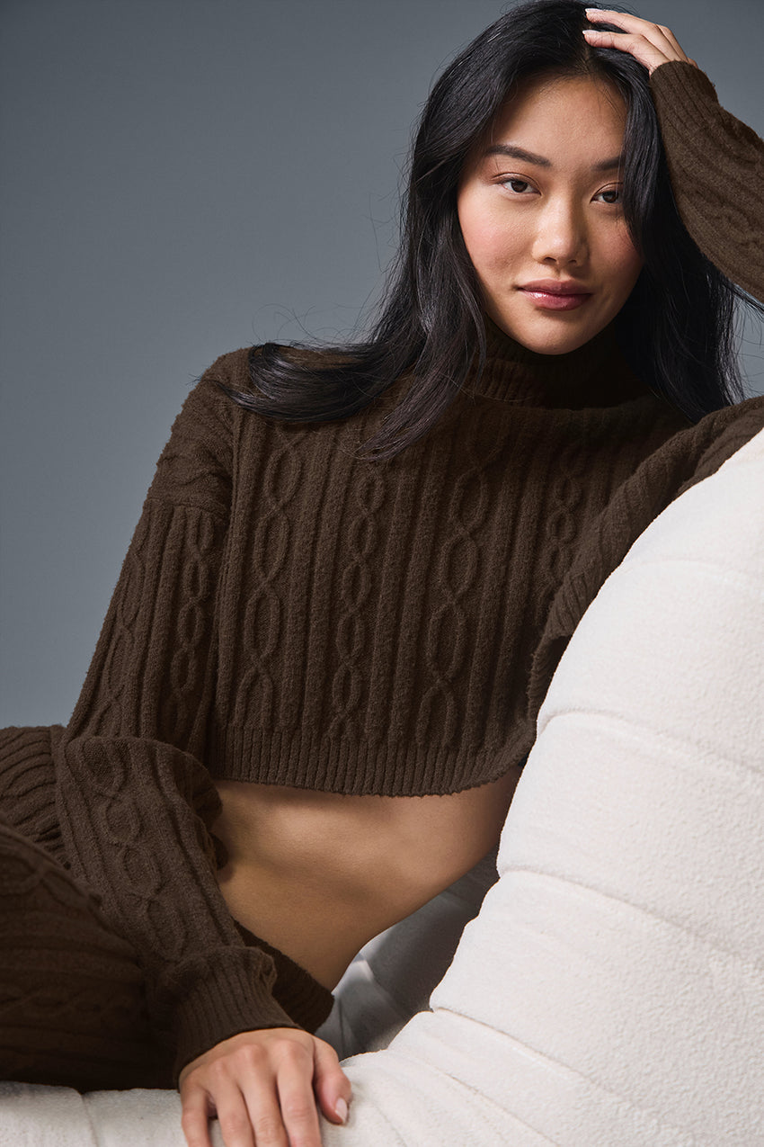 Cable Knit Cropped Winter Bliss Turtleneck Long Sleeve - Ivory