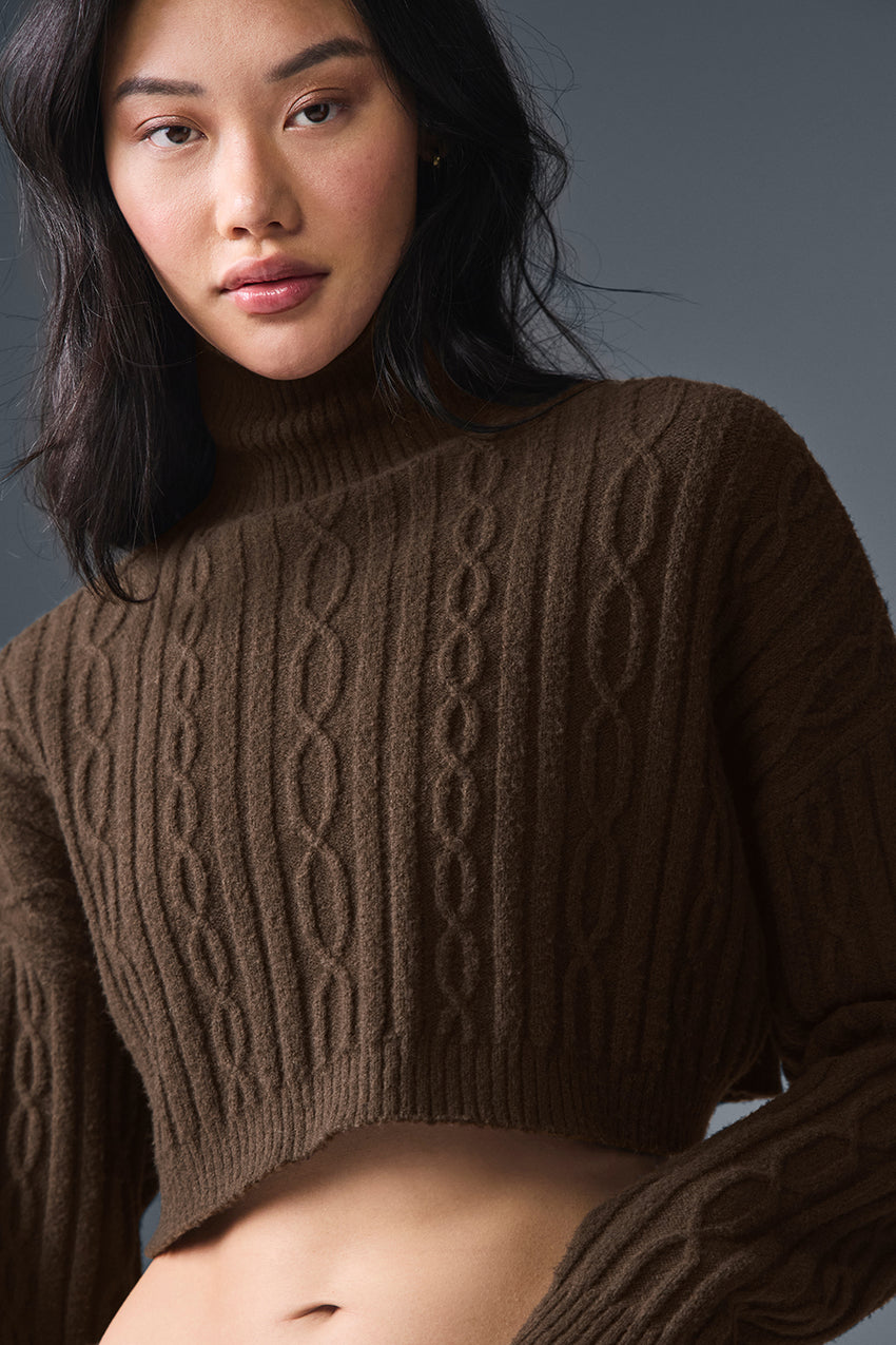 Cable Knit Cropped Winter Bliss Turtleneck Long Sleeve - Ivory