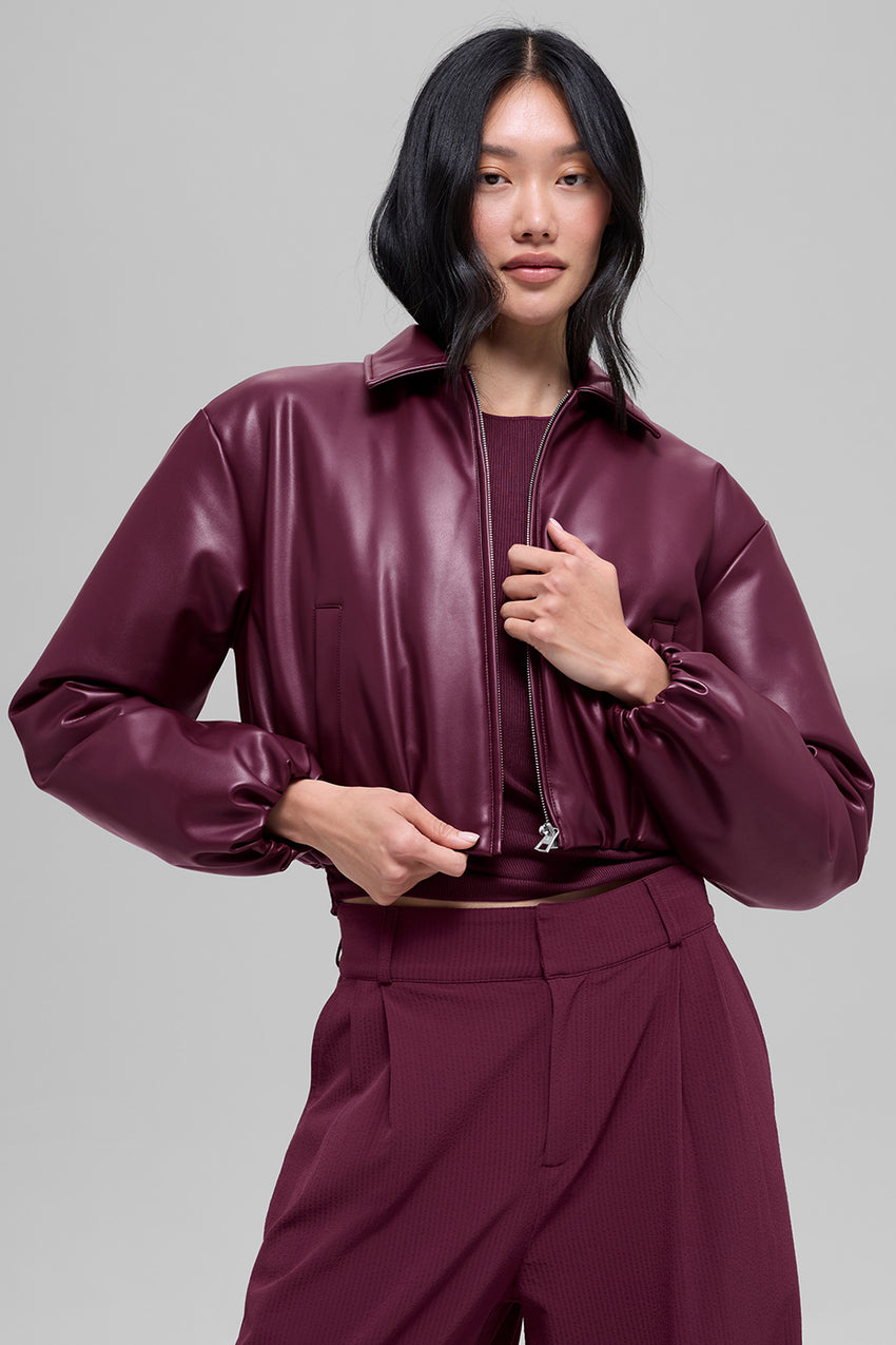 Faux Leather Cropped Premier Bomber - Black