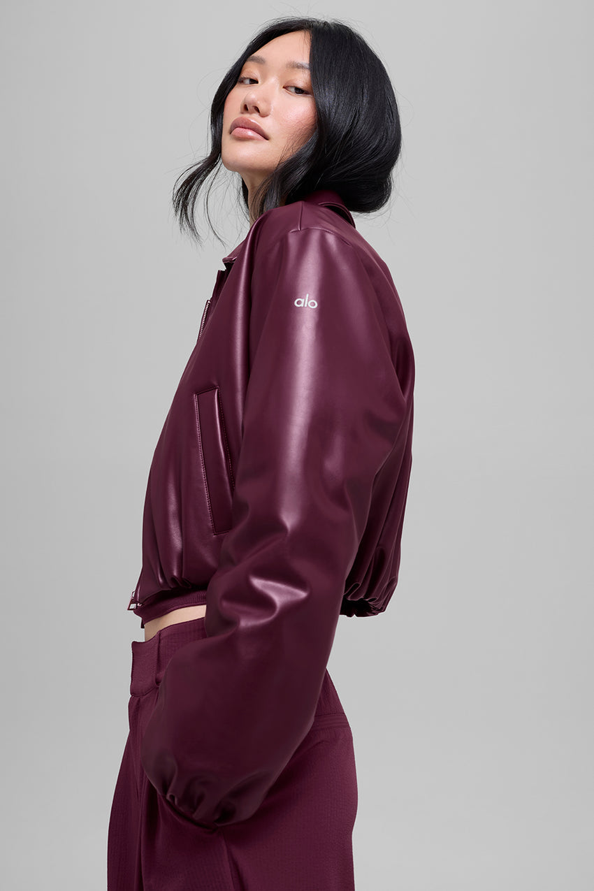 Faux Leather Cropped Premier Bomber - Black