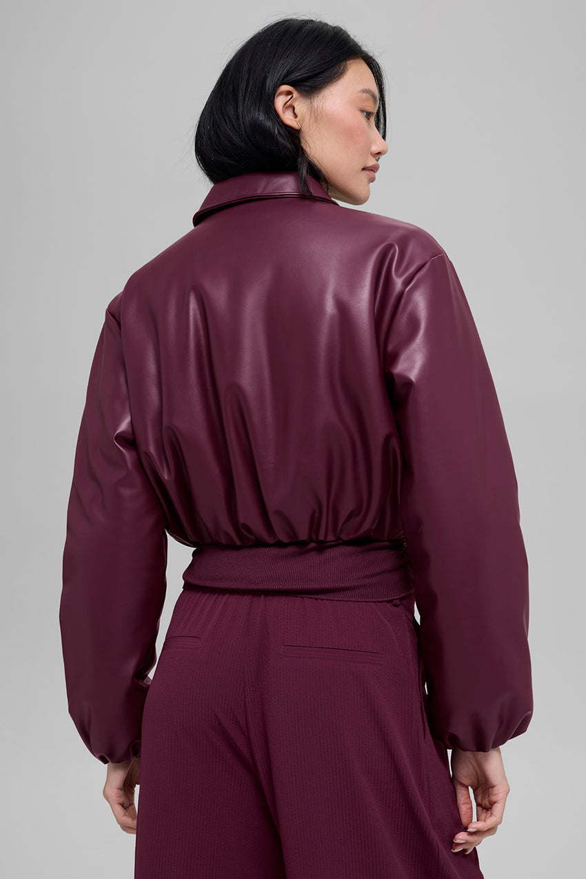 Faux Leather Cropped Premier Bomber - Black