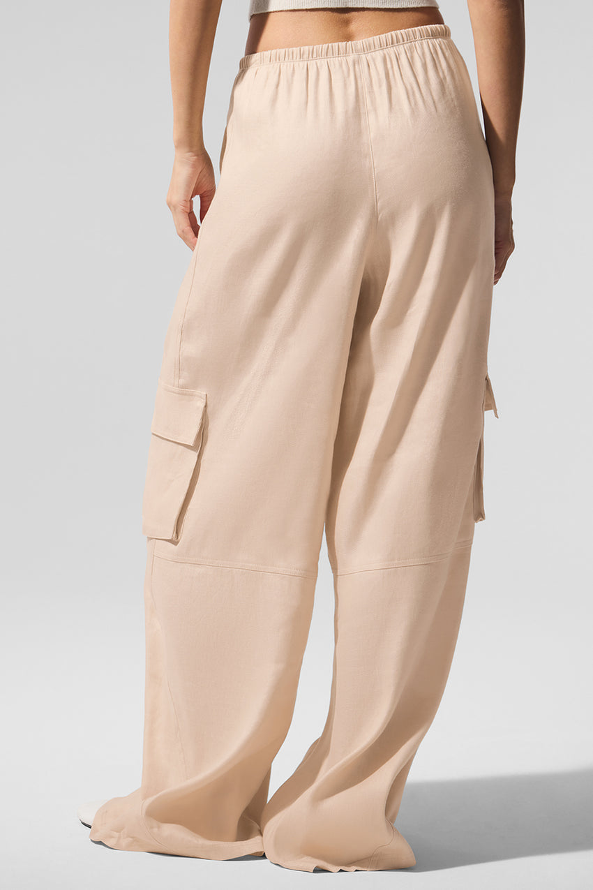 Linen Getaway Cargo Wide Leg Pant - Macadamia